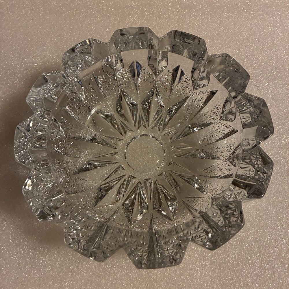 Vintage Clear Heavy Cut  6” Ashtray W/ A Starburst Pattern. Excellent Condition